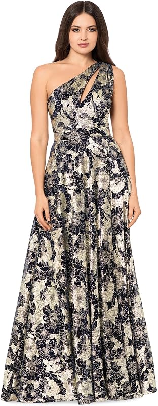 Women's Long One Shoulder Wrap Metallic Flower Dress