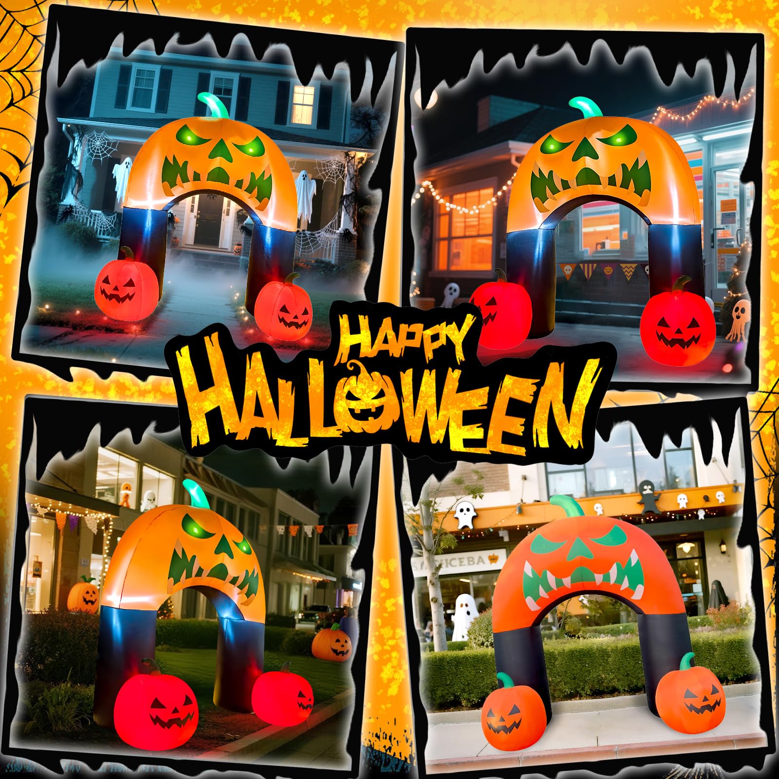 Zucca gonfiabile di Halloween con gatto strega a LED, decorazione animata da cortile per esterni, prato, feste, balcone e patio (arco di zucca da 3 m)