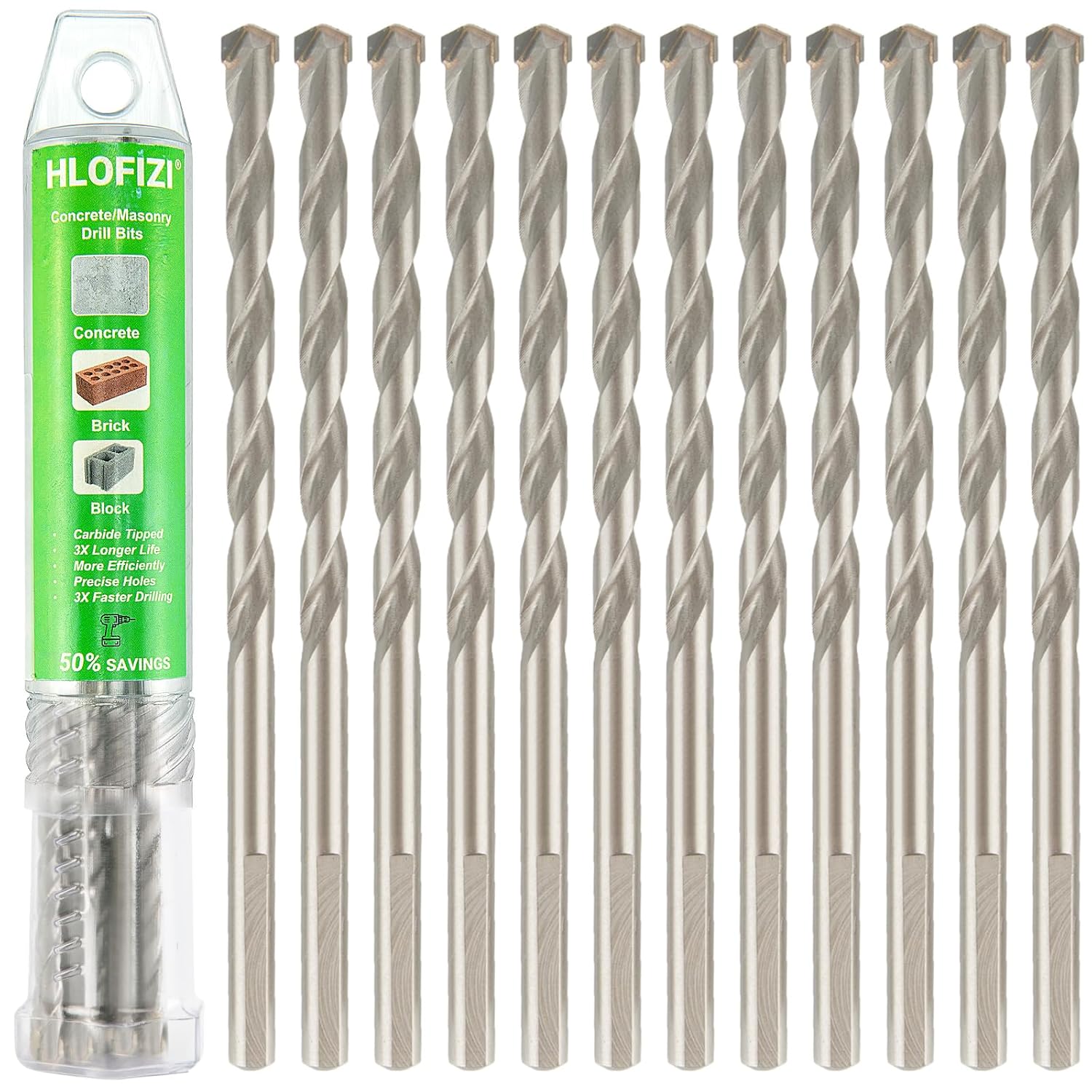 3/16" x 6" Masonry Drill Bits 3/16 inch Concrete Hammer Drill Bits Carbide Tipped, for Cement, Brick, Stone, 12 Pack