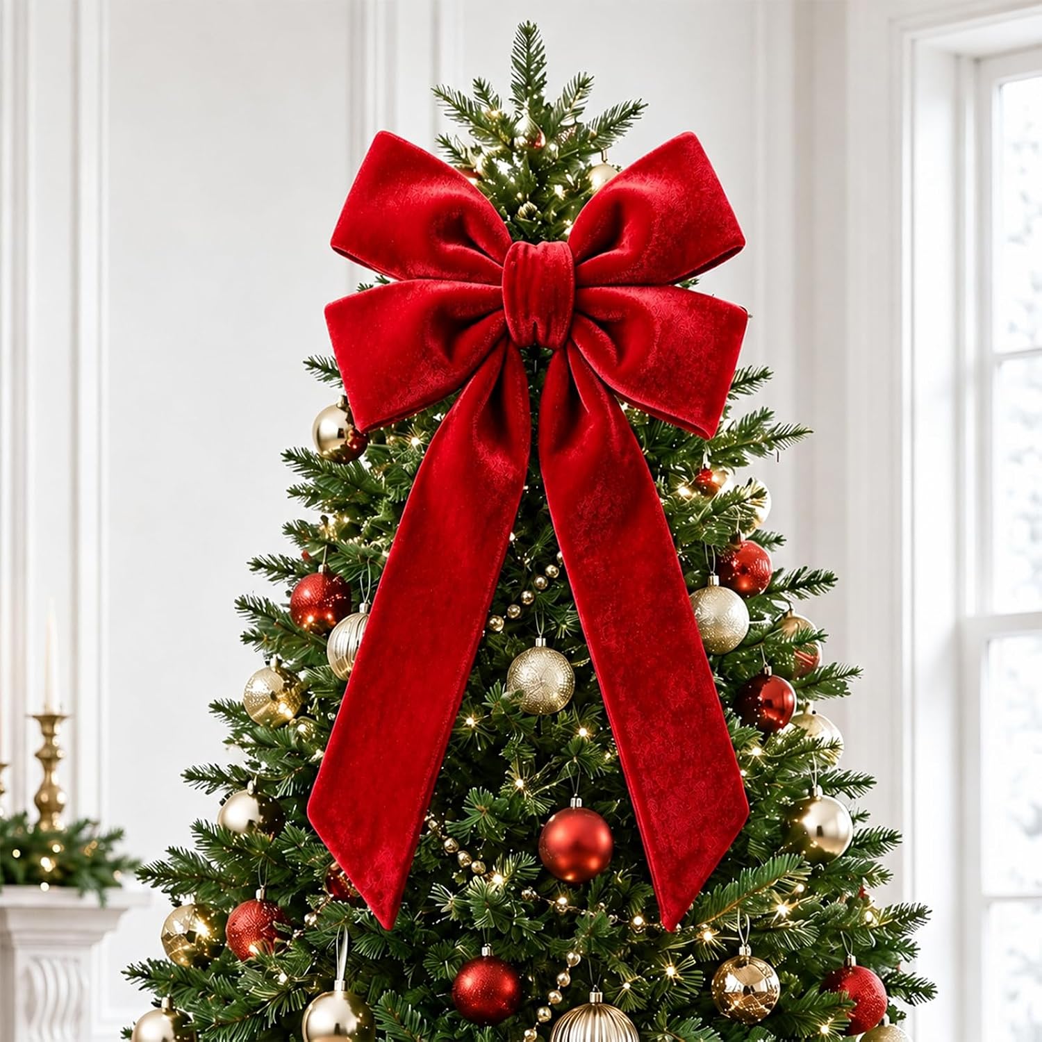 JOICEE 15"x30" Large Velvet Christmas Tree Topper Bow Decorations(Beige)