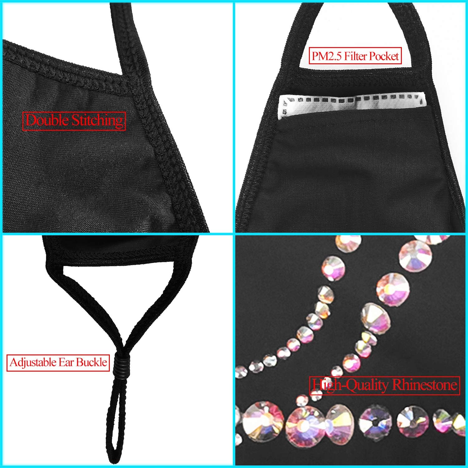 Myjoyday Cotton Rhinestone Mask for Women Reusable Washable Adjustable EarLoop Glitter Sequin Bling Face Masks : Everything Else