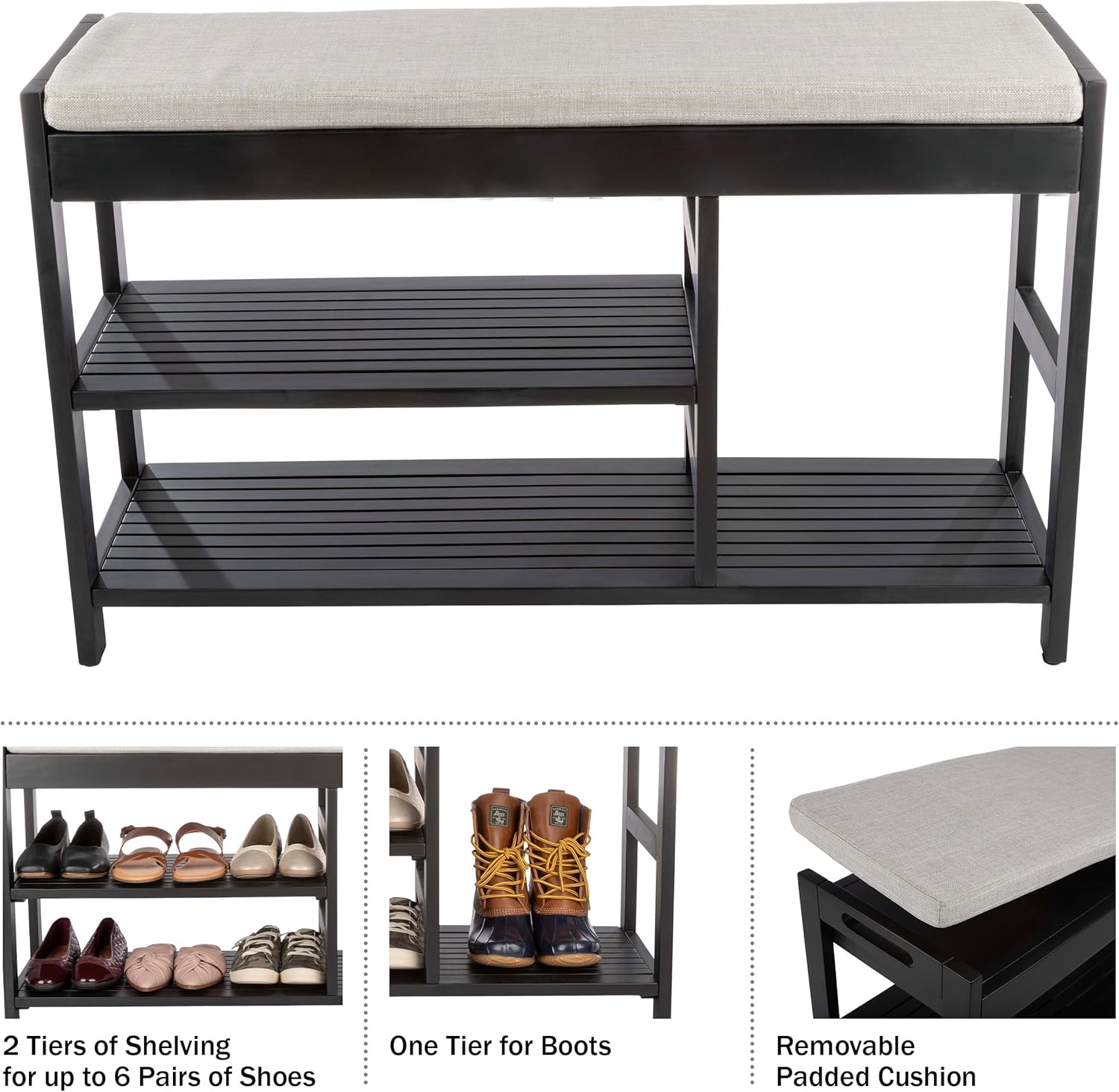 Lavish Home Shoe Bench - 3-Tier Wooden Shoe Rack for Entryway, Mudroom, or Bedroom - Entryway Shoe Storage with Padded Seat Cushion (Black)