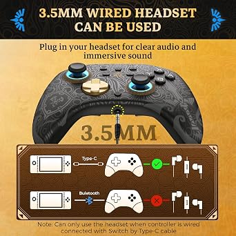 IINE Wireless Switch Controller, Switch Pro Controllers for Switch 2/ Lite/OLED/PC, Remote Gamepad with Headset Jack/RGB Light/Macro Function/Wake up/Turbo/Adjustable Rumble