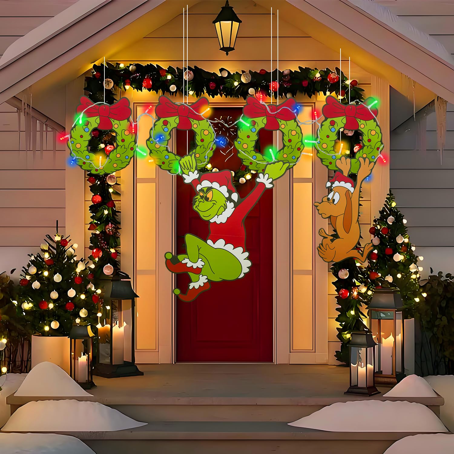 Outdoor Christmas Fence Decorations, 6Pcs Light Up Christmas Fence Peeker Signs Decor with LED String Lights for Yard Garden Lawn Fireplace, Christmas Tree Decoration