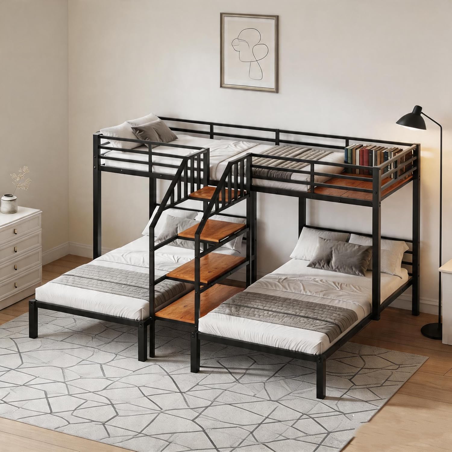 SOFTSEA Heavy Duty Triple Bunk Bed Frame with Stairs, Metal Twin Over Twin Over Twin Bunk Beds for 3 Kids, No Noise, Black