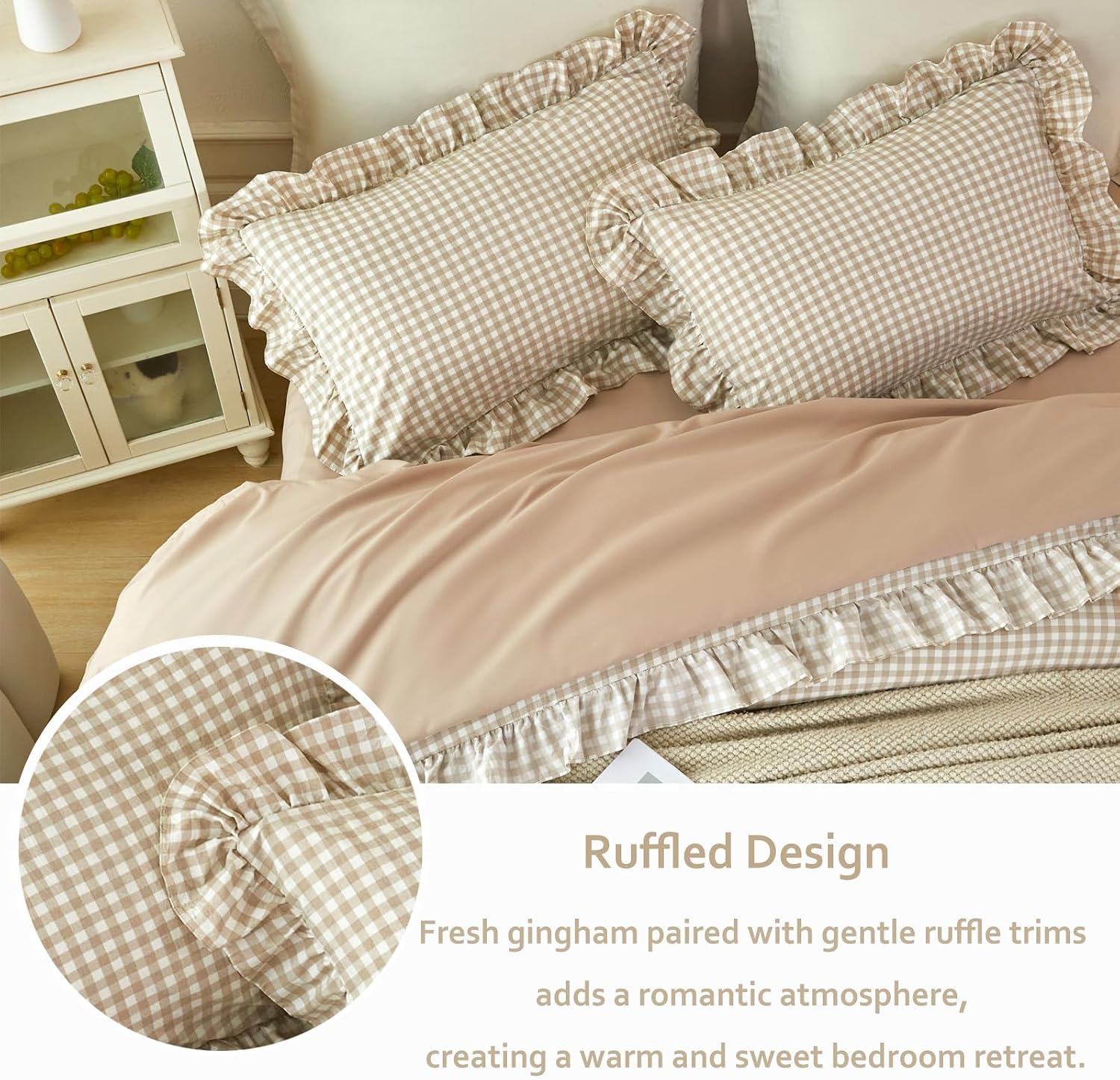 RYNGHIPY Tan Gingham Bed in a Bag Queen Size 5 Pieces Plaid Bedding Sets