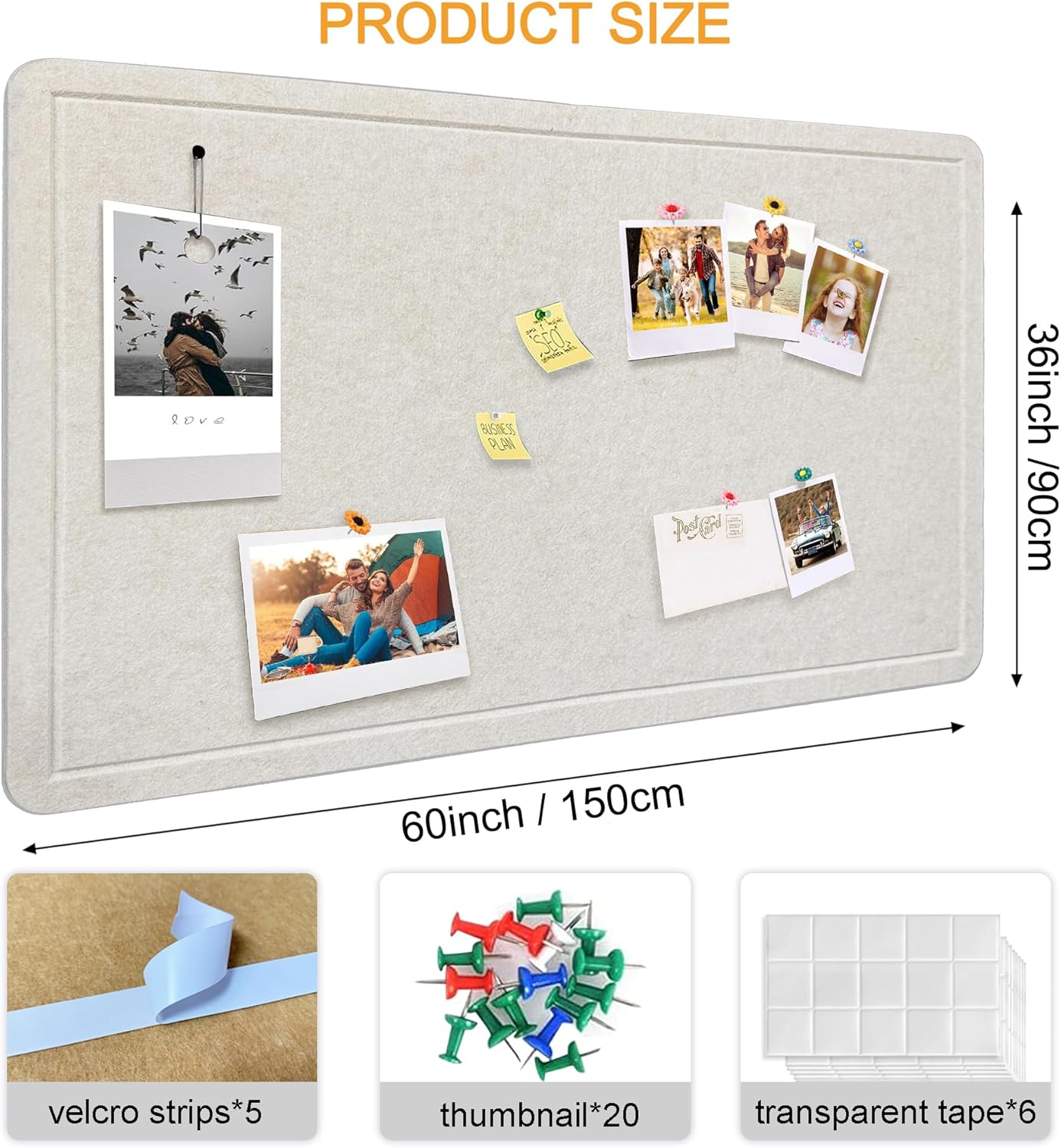 large bulletin board - foldable 36x60 inches cork board alternative with 20 push pins, 5' x 3' self-adhesive felt bulletin board for wall, home office classroom decor 60" x 36" grey