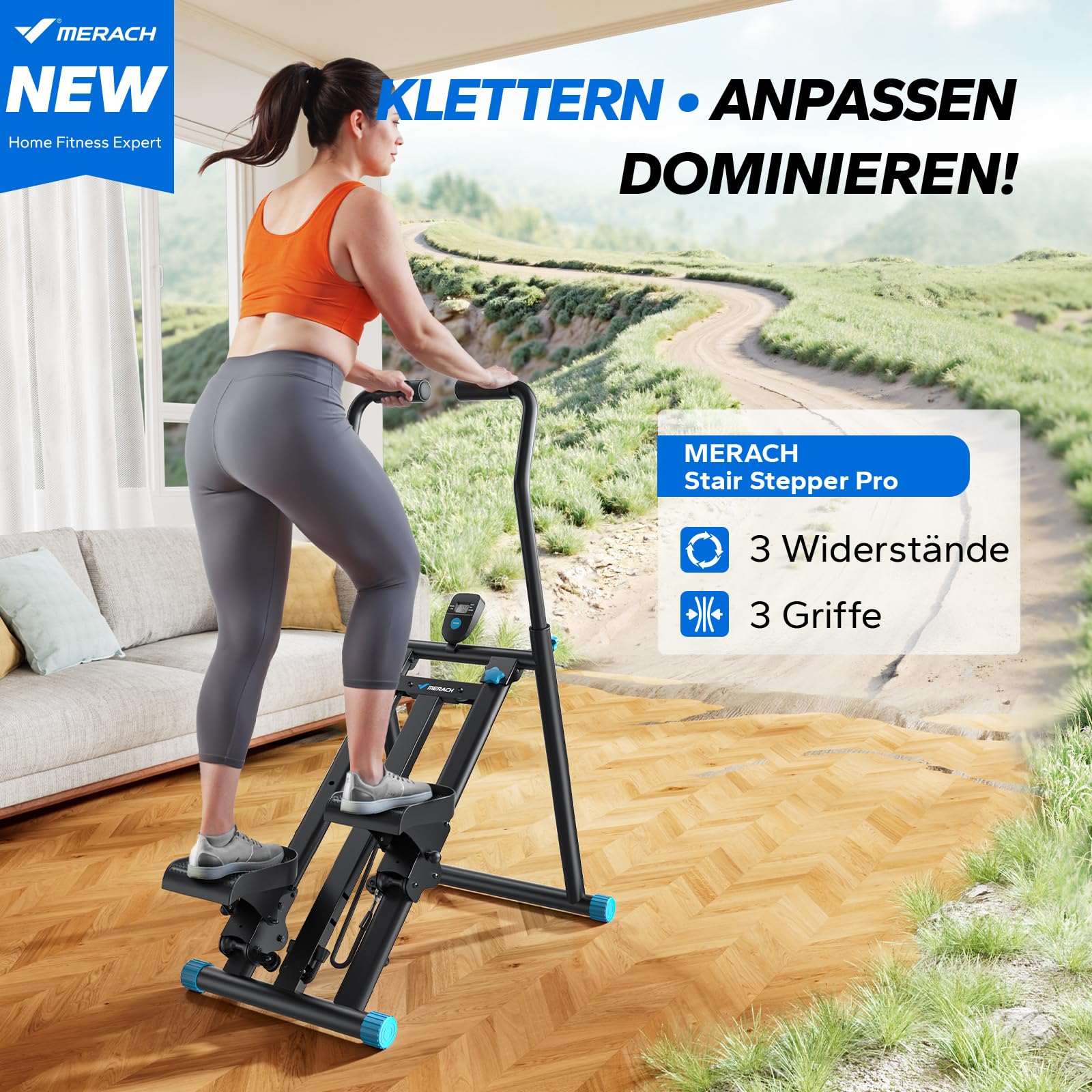 MERACH Stair Stepper Pro 2026, Stairmaster per la casa con 3 livelli di resistenza regolabili, pieghevole, cardio, verticale, con manubrio regolabile, per casa, ufficio, fitness