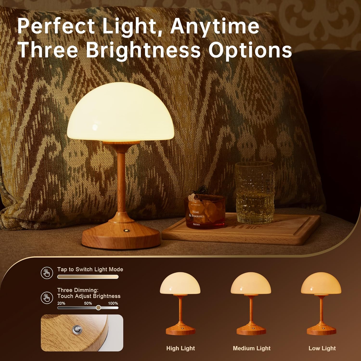 Mushroom Lamp Cordless Lamp Table Lamp,Outdoor Waterproof Shower Lamps,5000mAh Rechargeble Battery Operated Dimmable Touch Desk Lamps,LED Night Light for Bathroom Patio Camping Restaurant