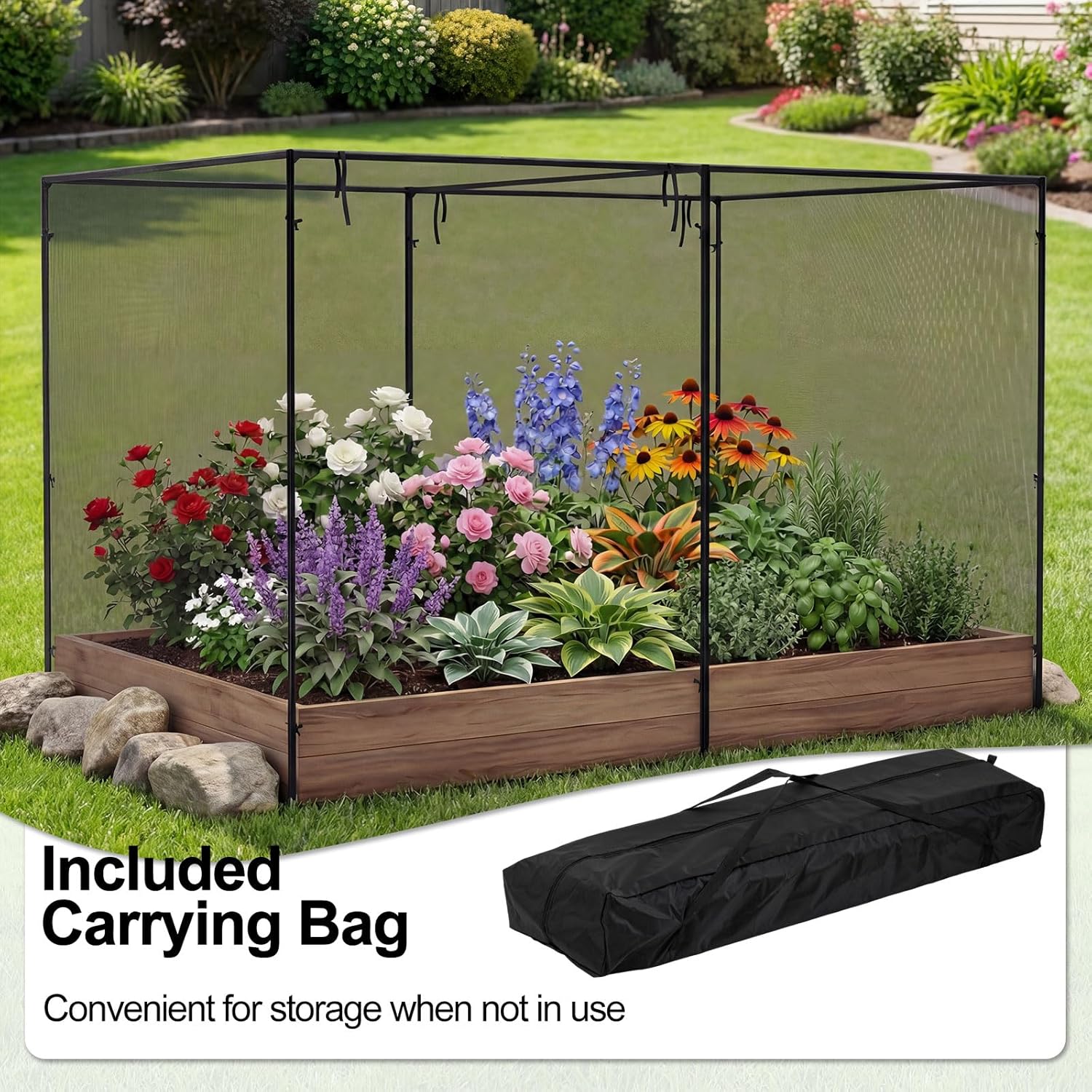 Giantex Garden Crop Cage, 10 x 6.5 x 6.5 ft Plant Netting Cover w/Zipper Doors, 6 Ground Stakes & Carrying Bag, Portable Plant Protection Tent w/Metal Frame for Vegetables, Flowers, Raised Garden Beds