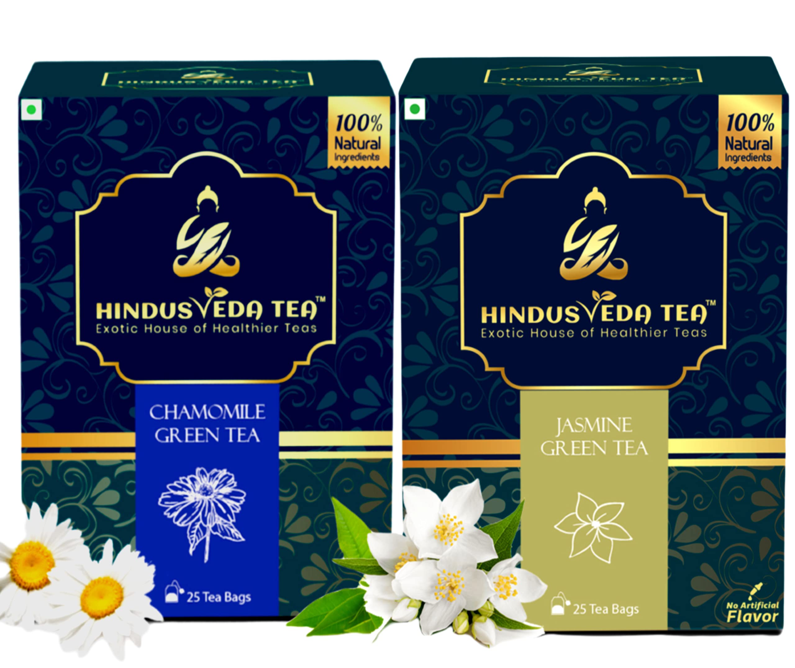 HINDUSVEDA TEA - Chamomile green tea & Jasmine Green tea - 50 count better infusion tea bags with 100% natural chamomile and jasmine flower with exotic green tea base - (100 gm - 2 gm in each ) (Chamomile / Jasmine)