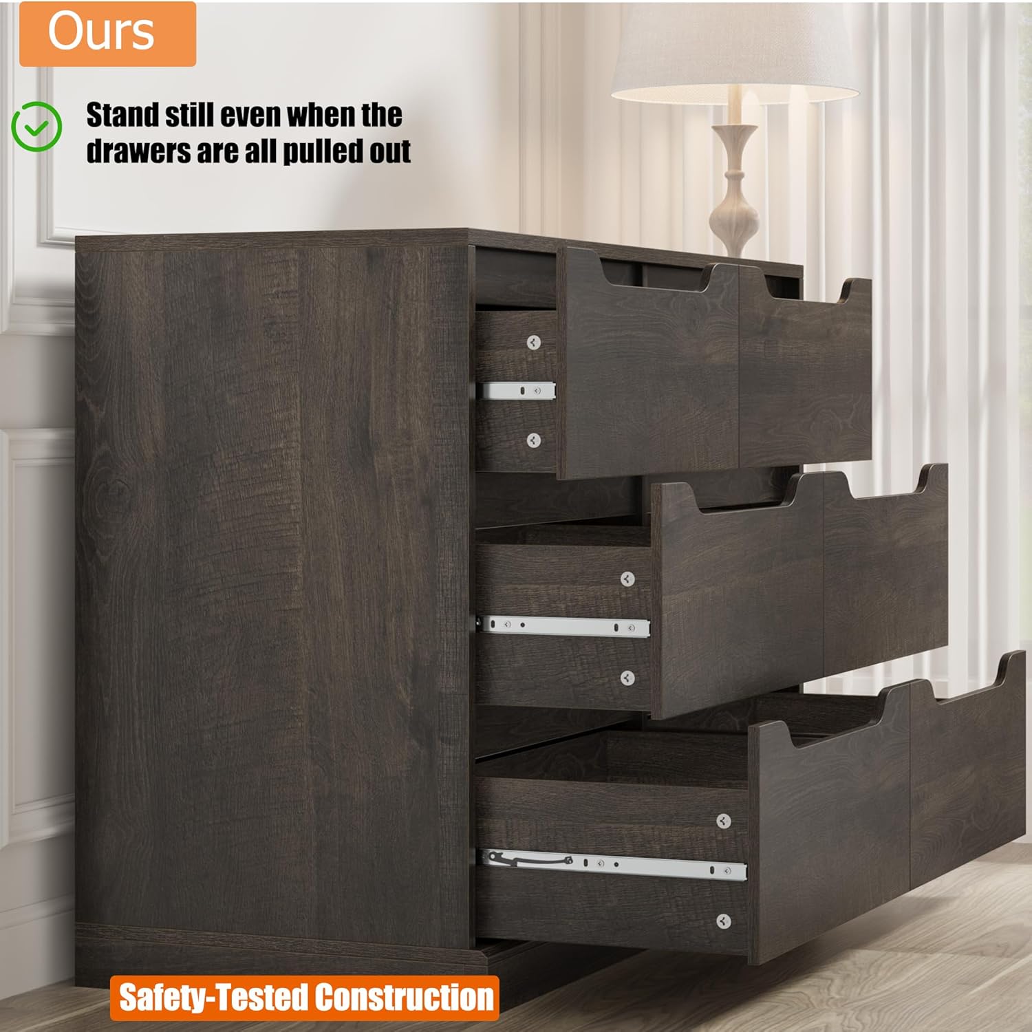 HOSTACK Modern 6 Drawer Dresser for Bedroom, Double Chest of Drawers with Storage, Large Wooden Storage Dresser Organizer with Cut-Out Handle, Accent Storage Cabinet for Living Room, Dark Brown