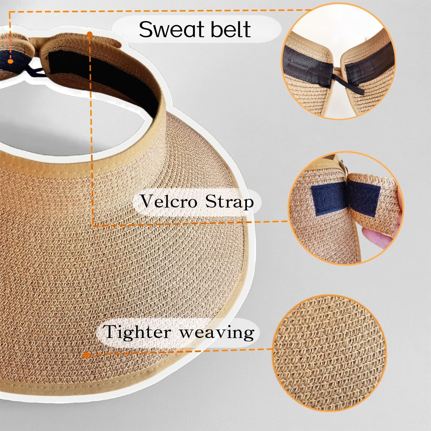 Sombreros de paja con visera solar para mujer, plegable, de ala ancha, flexible, para cola de caballo, playa, protección UV, esenciales para vacaciones, Caqui, Talla única 6