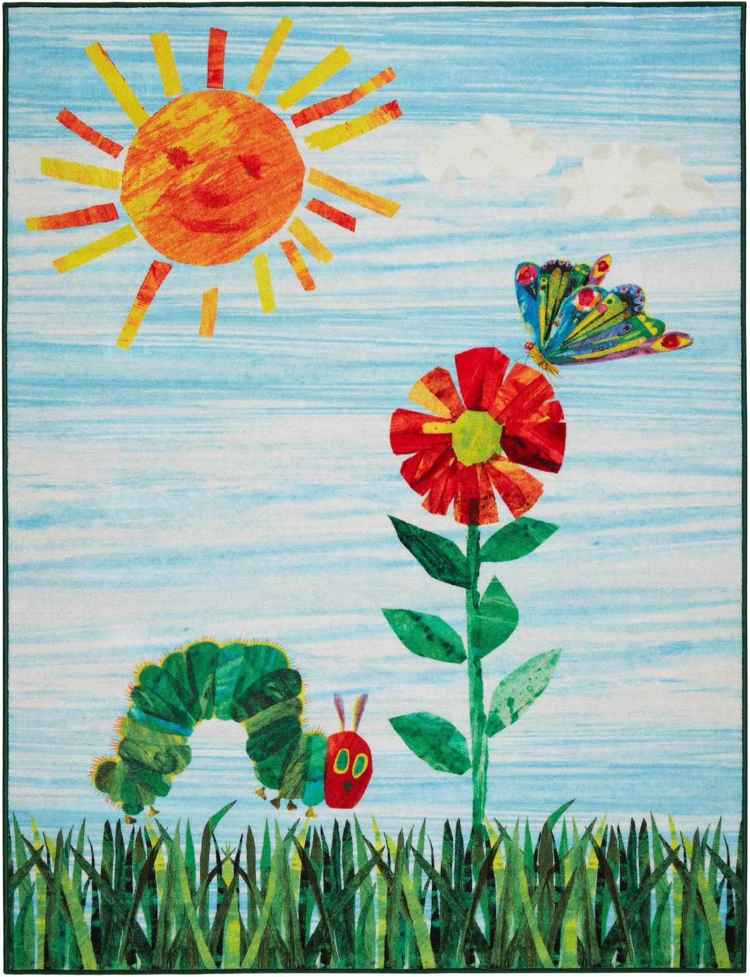 Eric CarleHome Dynamix The Very Hungry Caterpillar Elementary Sun Scene Kids Machine Washable Area Rug, Blue/Green, 35"x51"