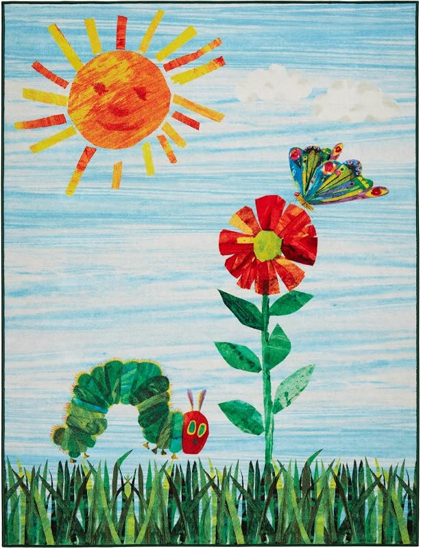 Home Dynamix Eric Carle The Very Hungry Caterpillar Elementary Sun Scene Kids Machine Washable Area Rug, Blue/Green, 35"x51"