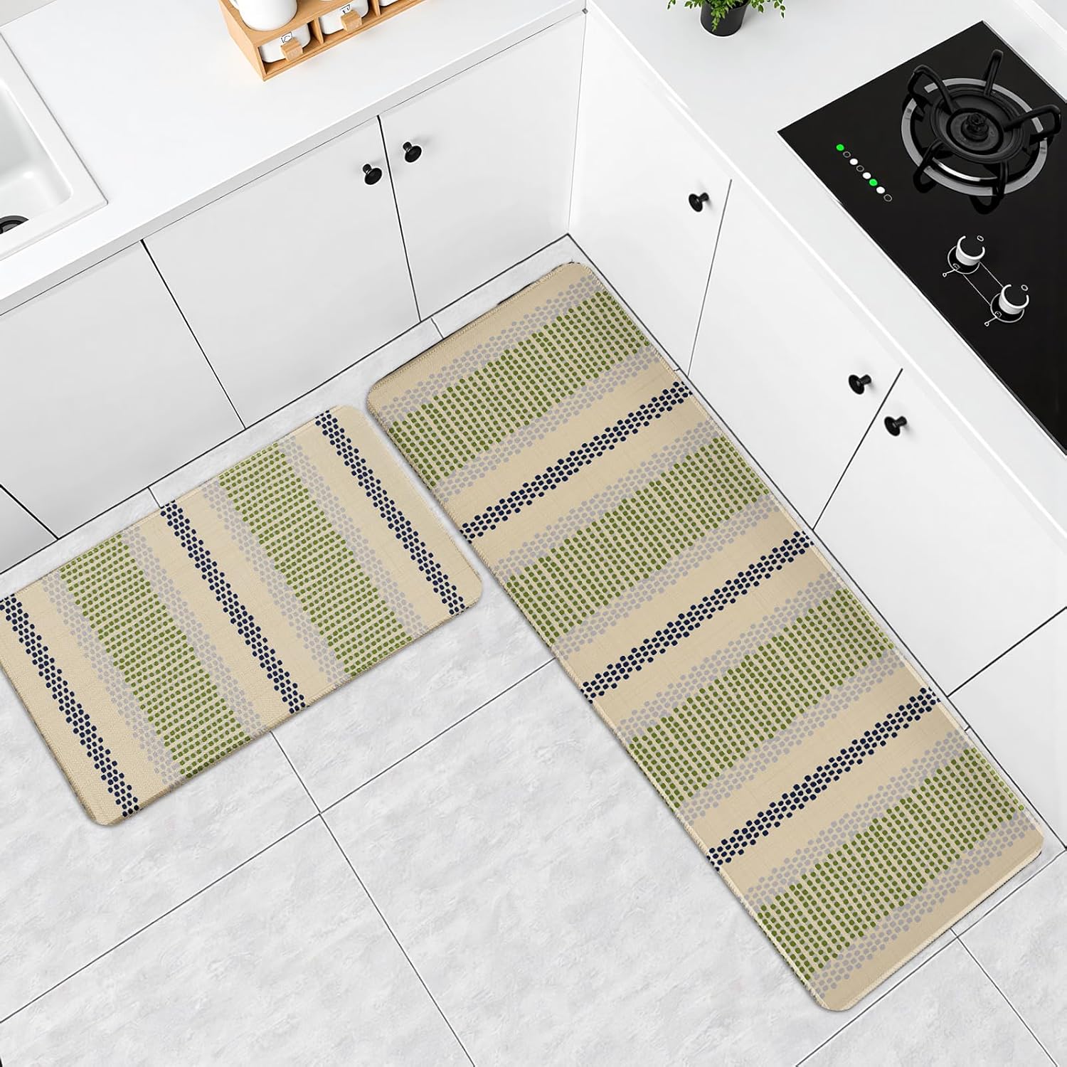 Boho Kitchen Rugs Set of 2 Blue Green Polka Dots Striped Print Modern Kitchen Mats for Floor Non Slip Neutral Farmhouse Kitchen Decor Runner Rugs, 17x47 inch and 17x30 inch