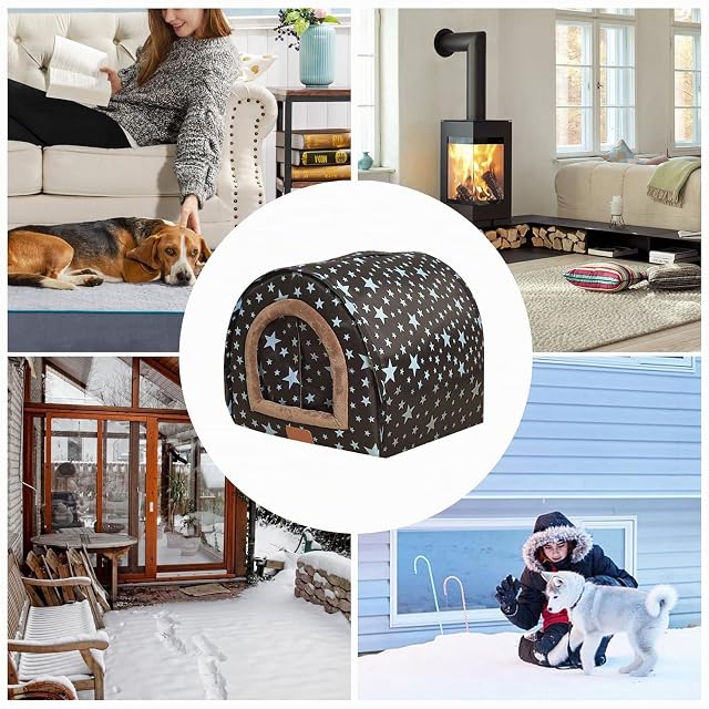 Foto 4 de 8 de Casa de cama cálida para mascotas, acogedora casa de cama para cachorros, puerta de tela flexible