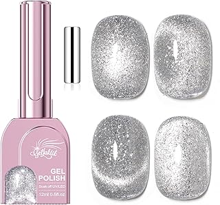 Silver Cat Eye Gel Nail Polish with Magnetic Stick - 12ML Glitter Magnetic Nail Polish for Multiple 3D Effects, Soak Off UV LED Gel Polish for DIY Manicure Salon Gifts for Women