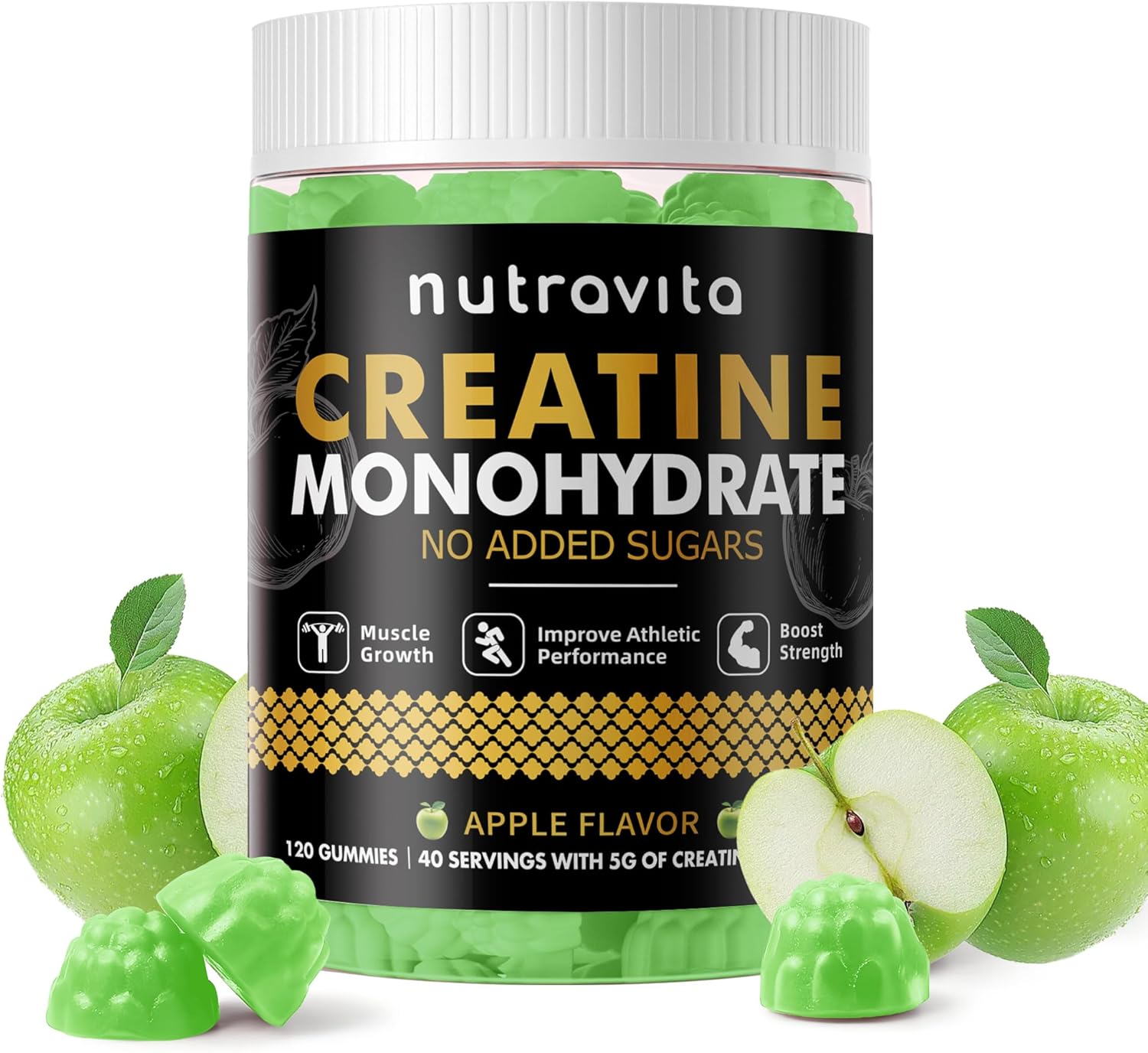 Creatine Monohydrate Gummies for Men & Women-5g of Creatine Monohydrate per Serving – Sugar Free,Vegan, Apple Flavor, 120 Count
