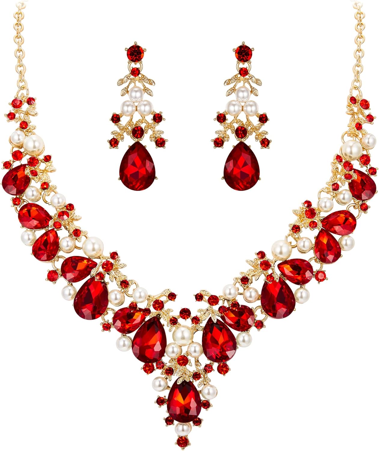 EVER FAITH Bridal Faux Pearls Jewelry Set for Bride, Rhinestone Crystal Simulated Pearl Gorgeous Leaf Teardrop Wedding Prom Statement Necklace Earrings Sets for Women