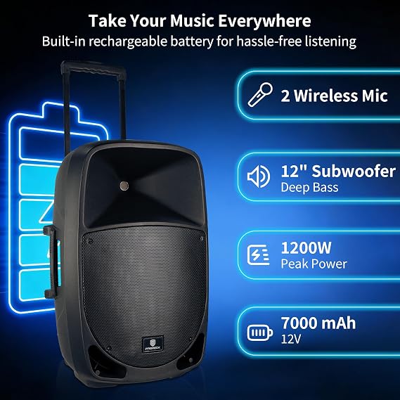 PRORECK Portable 12 Inch 1200W Powered PA/DJ Speaker System with Rechargeable Battery, 2 Wireless Mics, Bluetooth, USB, SD, FM Radio, Remote, Speaker Stand for Parties, Karaoke, speeches, Outdoor