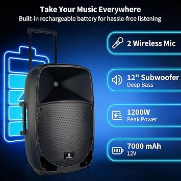 PRORECK Portable 12 Inch 1200W Powered PA/DJ Speaker System with Rechargeable Battery, 2 Wireless Mics, Bluetooth, USB, SD, FM Radio, Remote, Speaker Stand for Parties, Karaoke, speeches, Outdoor