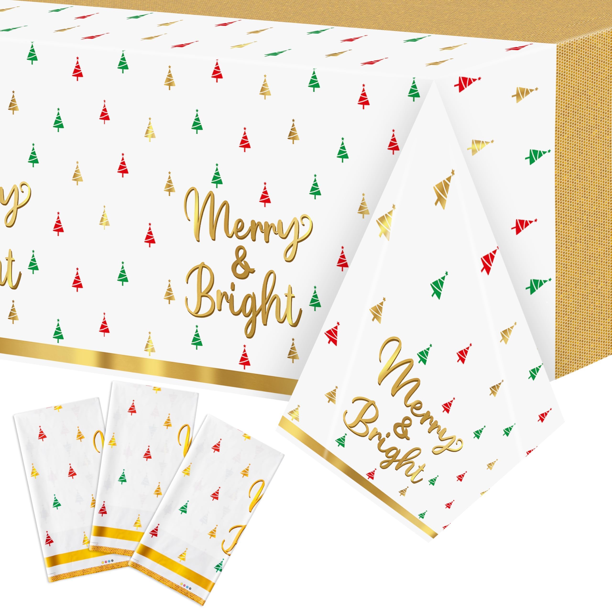 Christmas Winter Waterproof Tablecloths - 3 Packs Gold White Mini Christmas Tree Tablecloths Colorful Waterproof Table Cover Merry Bright Disposable Plastic Tablecloth Xmas Party Table Decor