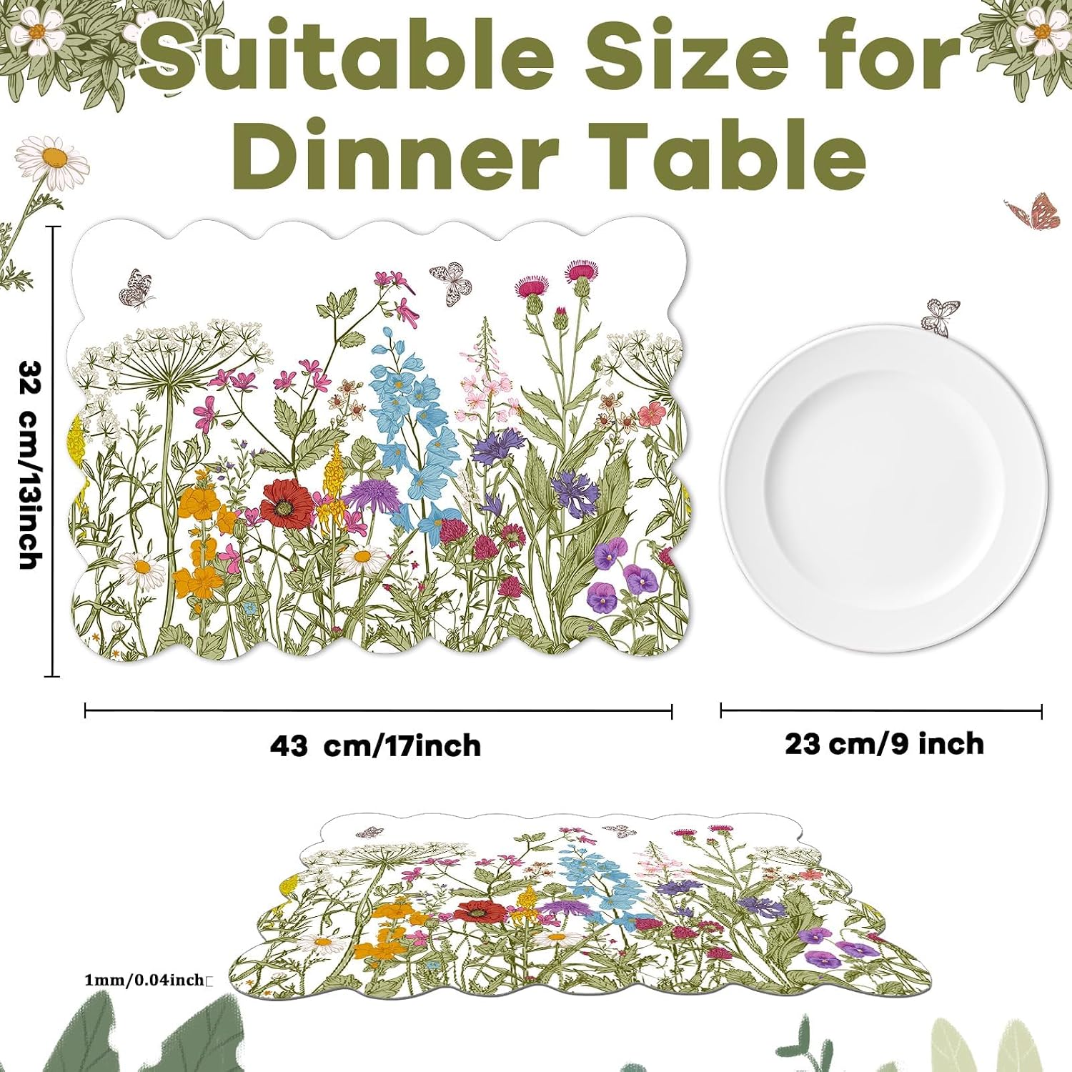 Summer Placemats Set of 6 Flower Plastic Table Mats Spring Wild Flowers Place Mats Retro Flower Table Decoration for Summer Spring Indoor Outdoor Party Kitchen Dining Decoration