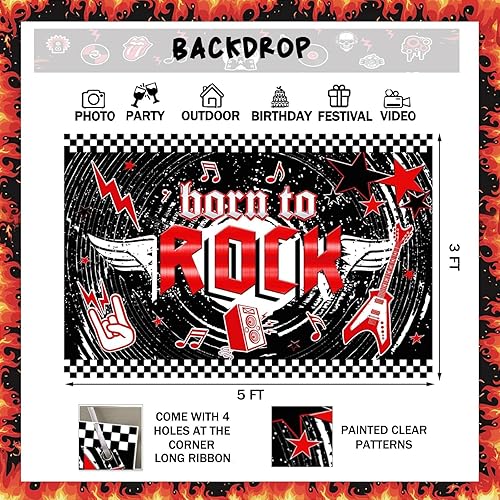 Miniatura 4 de 95 piezas de decoraciones de fiesta de rock and roll, suministros de fiesta de cumpleaños con temática de música de Hombae Rock, telón de fondo Born