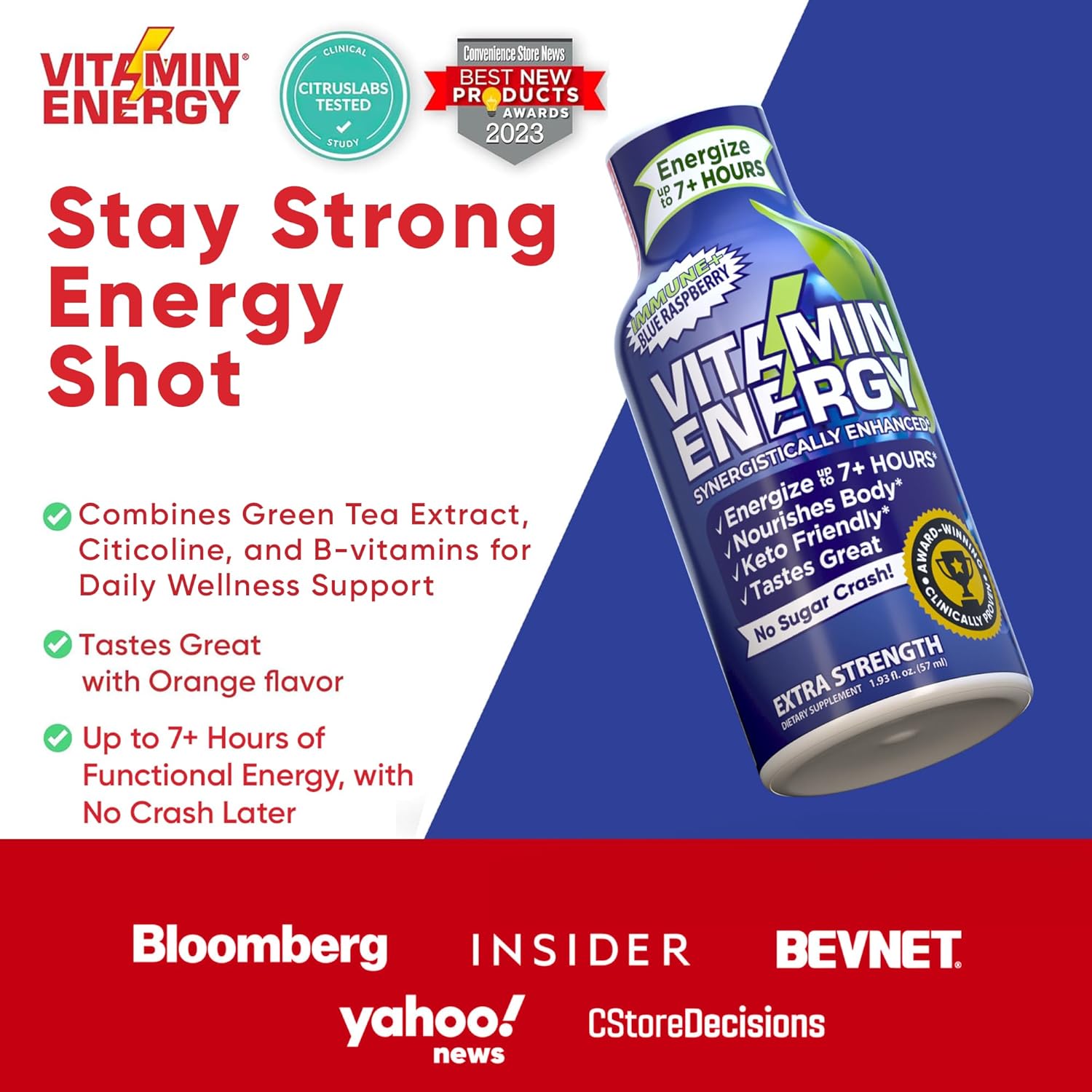 Vitamin Energy Immune+ Extra Strength Energy Shot Blue Raspberry 12 Pack, 260mg Natural Caffeine, B-Vitamins, Citicoline, Green Tea, Immunity & Focus Support, Zero Sugar, Gluten-Free 1.93 fl oz - Image 5