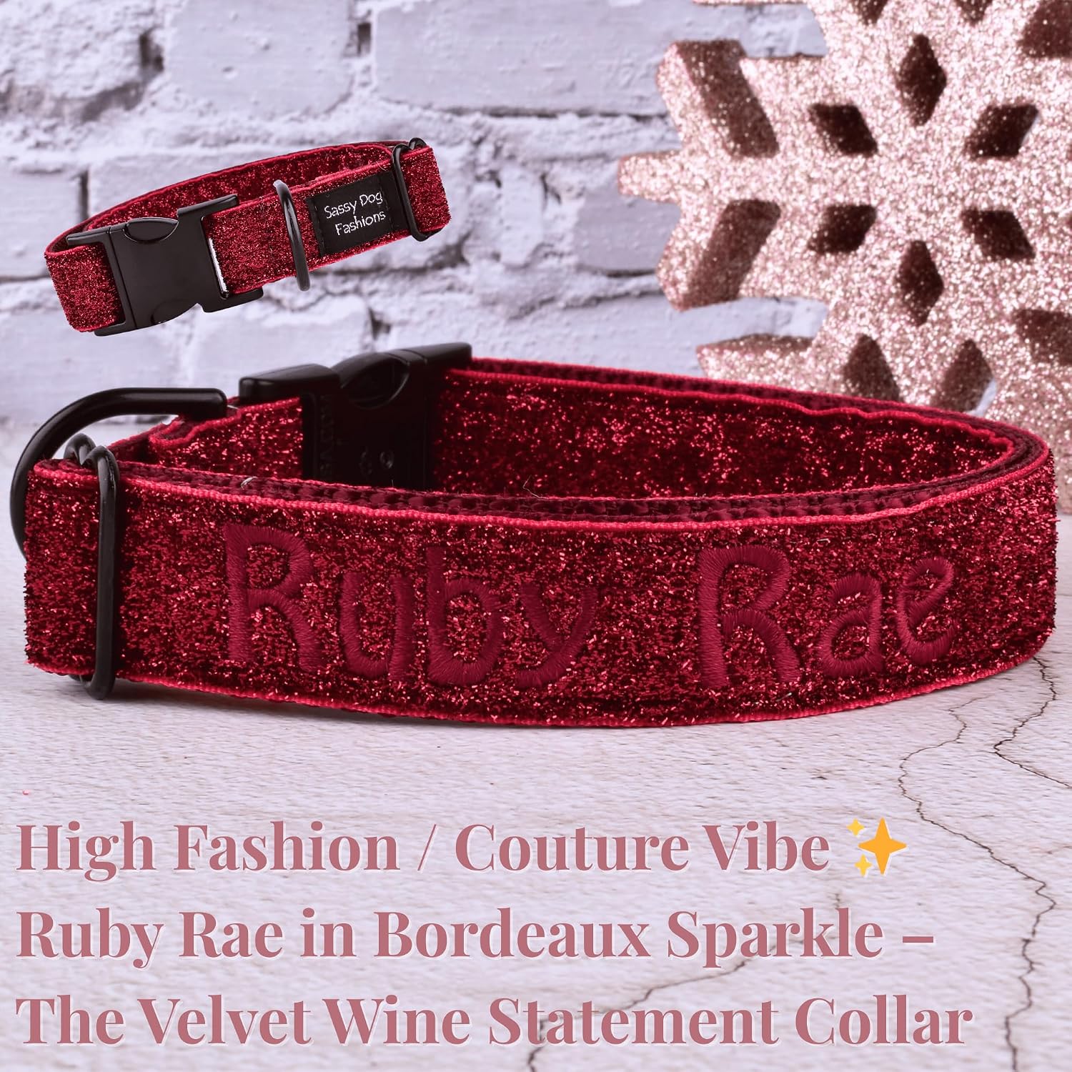 Sparkly Glitter Dog Collar with Engraved Buckle or Embroidered Name – Custom Bling Fashion Collar, Leash Option, Adjustable for Small, Medium & Large Dogs, Luxury Dog Moms, Handmade USA (Wine)