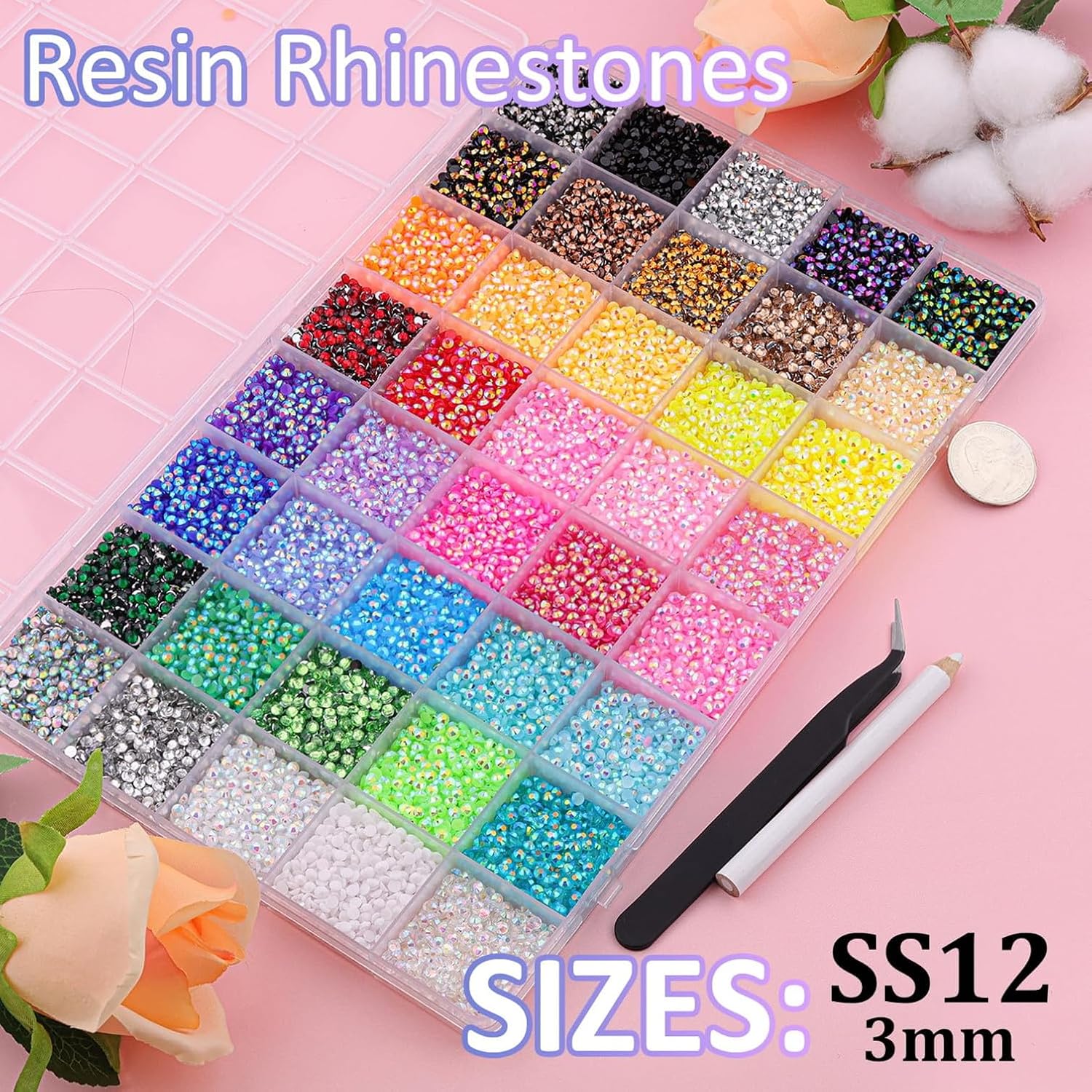 3mm Flatback Resin Rhinestones Kit with B7000 Glue, Multicolor AB Jelly Gems for Bedazzling, Crafting, Clothes, Nails, Fabric, Shoes, DIY Decor (40C 32000pcs 3 Glue)