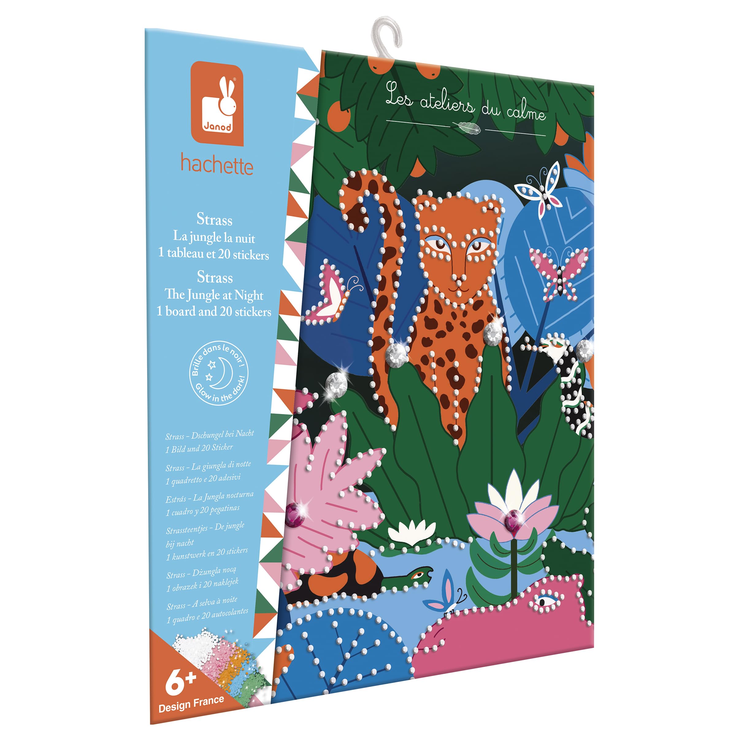 Janod - Glow-in-the-Dark Diamond Painting Set The Jungle - Creative Kit with Canvas + Stickers to Decorate with Glow-in-the-Dark Rhinestones - DIY Activity For ages 6 and up