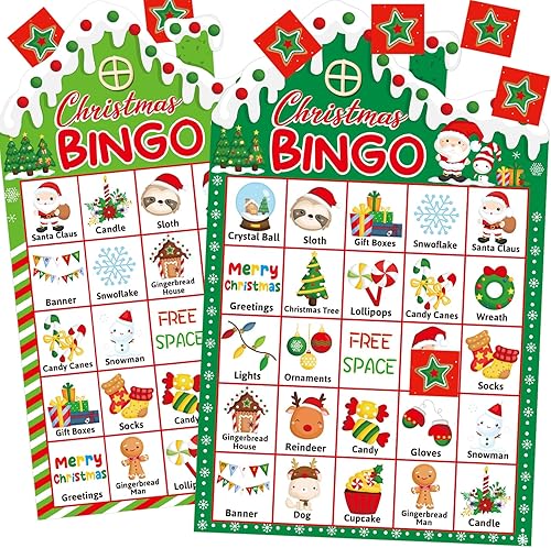 FANCY LAND Juego de bingo de Navidad para niños, 24 jugadores, troquelado, casa de nieve, vacaciones, invierno, fiestas
