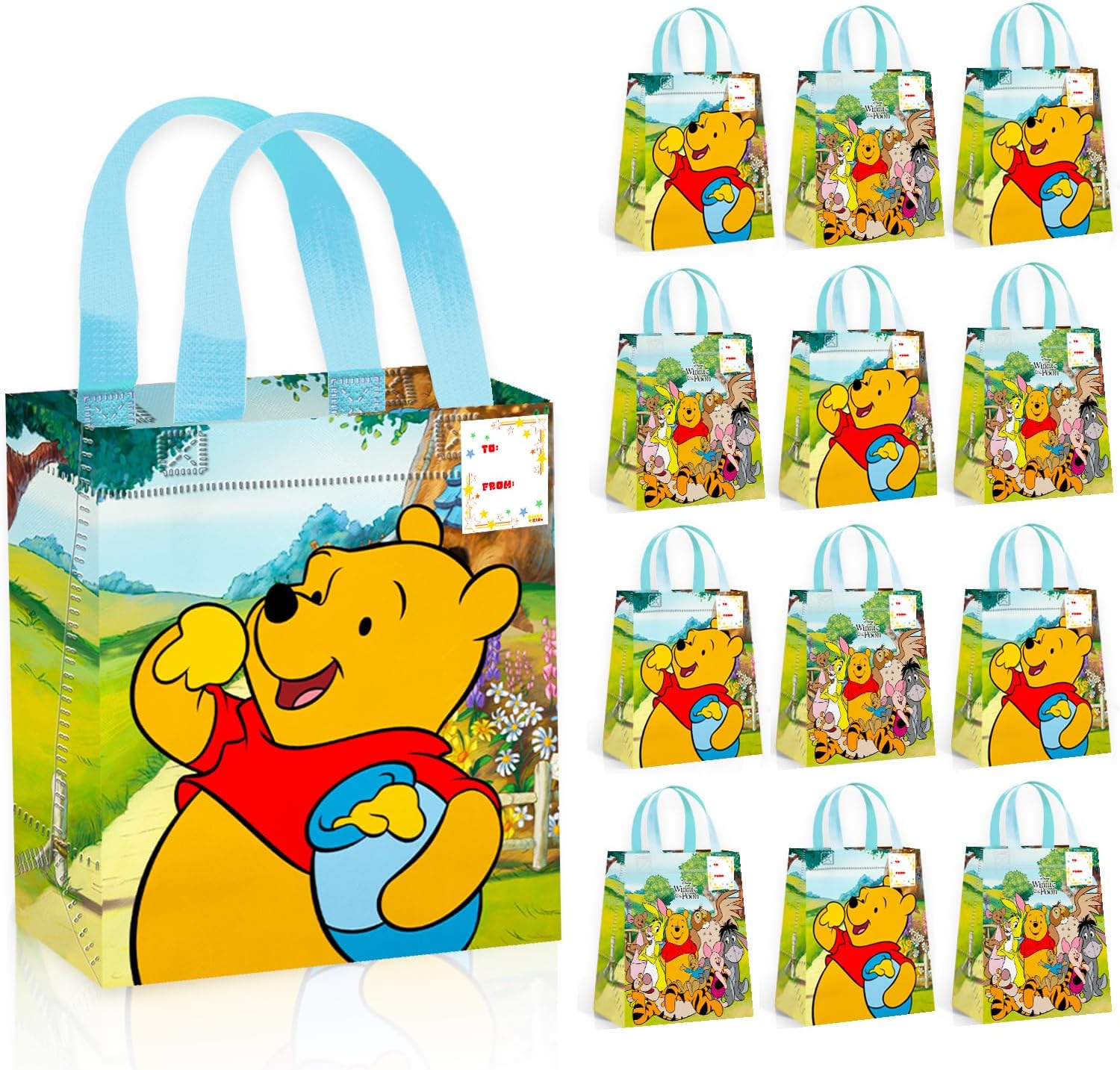Winnie the Pooh Party Favor Bags for Kids Birthday 12 Pack Bundle | Mini 8" Disney Pooh Party Goodie Bags, Bulk Reusable Tote Canvas Gift Bags - Winnie the Pooh Party Supplies for Toddlers