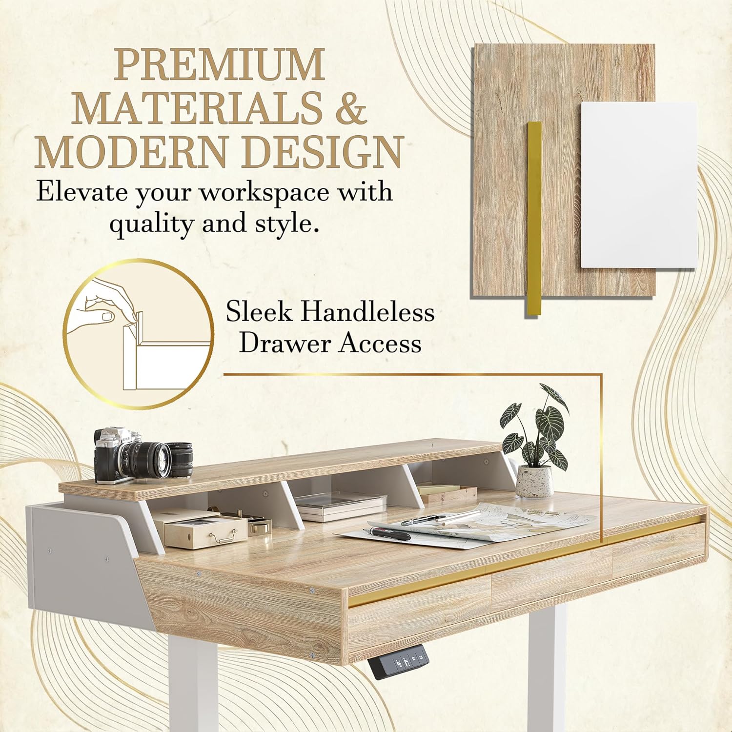 TIQLAB Standing Desk with 3 Drawers, 55" Electirc Sit Stand Desk with Storage, Height Adjustable Computer Desk, Modern Home Office Desk with Monitor Stand, Maple