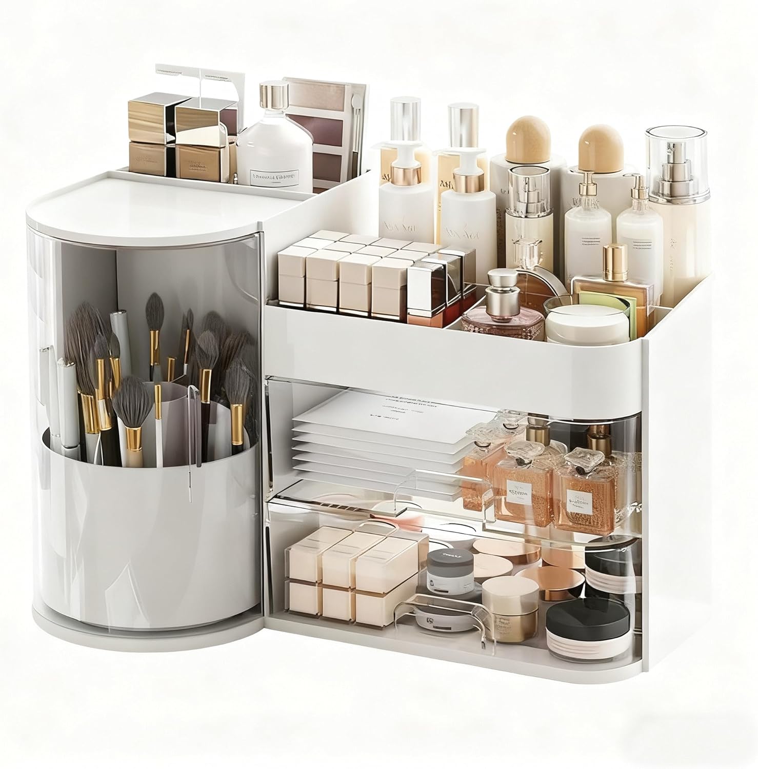 Makeup Organizer 14" D x 8.3" W x 9" H Cosmetic Organizer with Drawers Countertop Skincare Organizer for Vanity Cosmetic Display Case Storage Rotating Brush Holder (White)