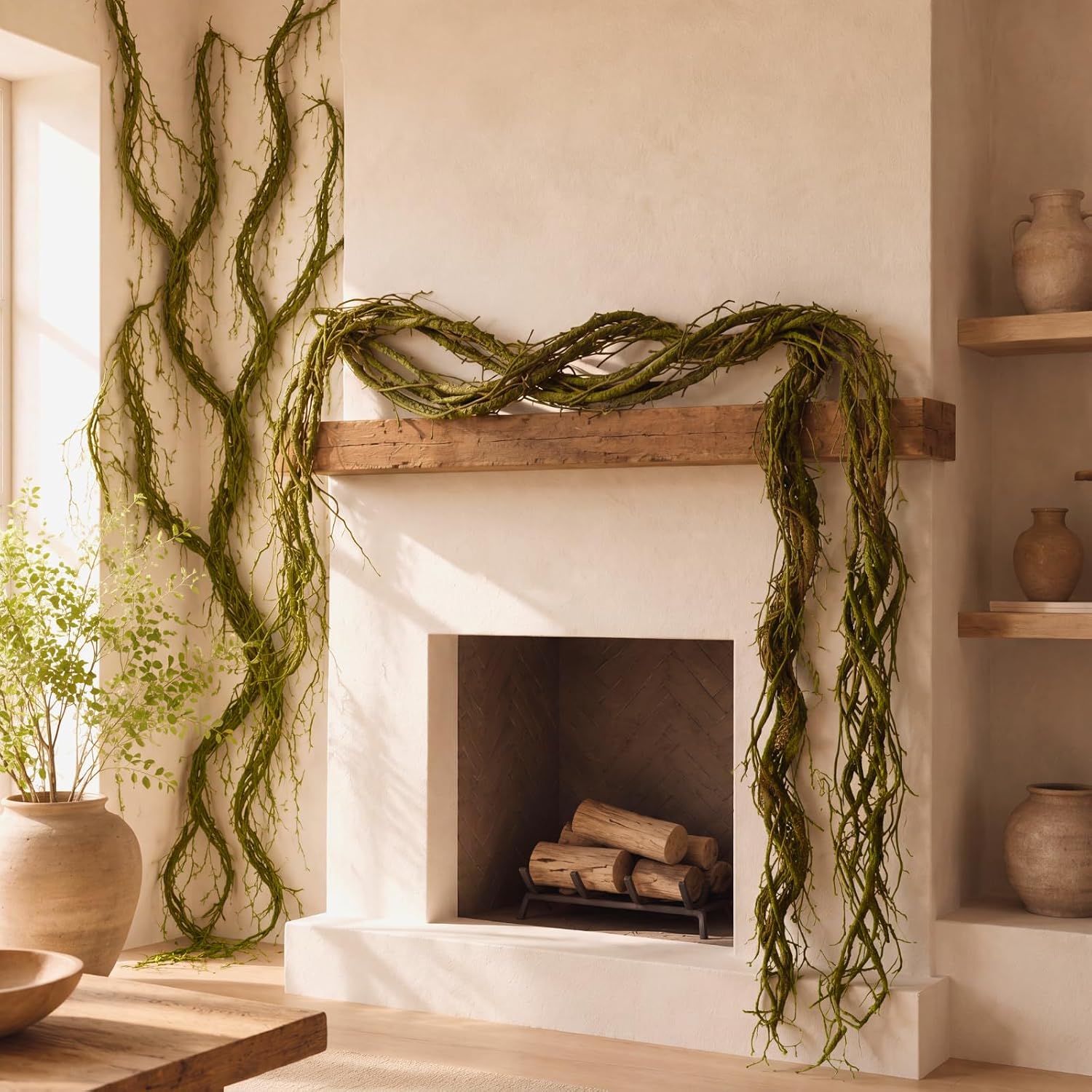Suncalla 4 Pcs 118 inch Flexible Artificial Tree Branches Halloween Fake Bendable Trunk Grapevine Garland Twig Rattan Wreath Cherry Grape Vine for Wall Hanging Front Door Reptile Habitat Decor(Green)