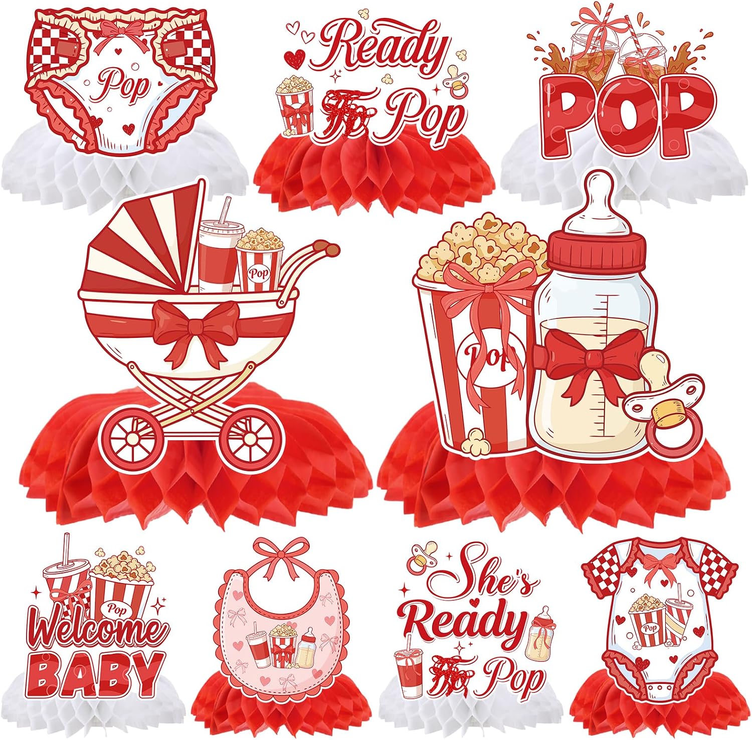 Ready to Soda Pop Decorations - 9 Pcs She's Ready to Soda Pop Baby Shower Honeycomb Centerpieces Decorations, Red and White Decor Supplies for Gender Reveal Baby Shower