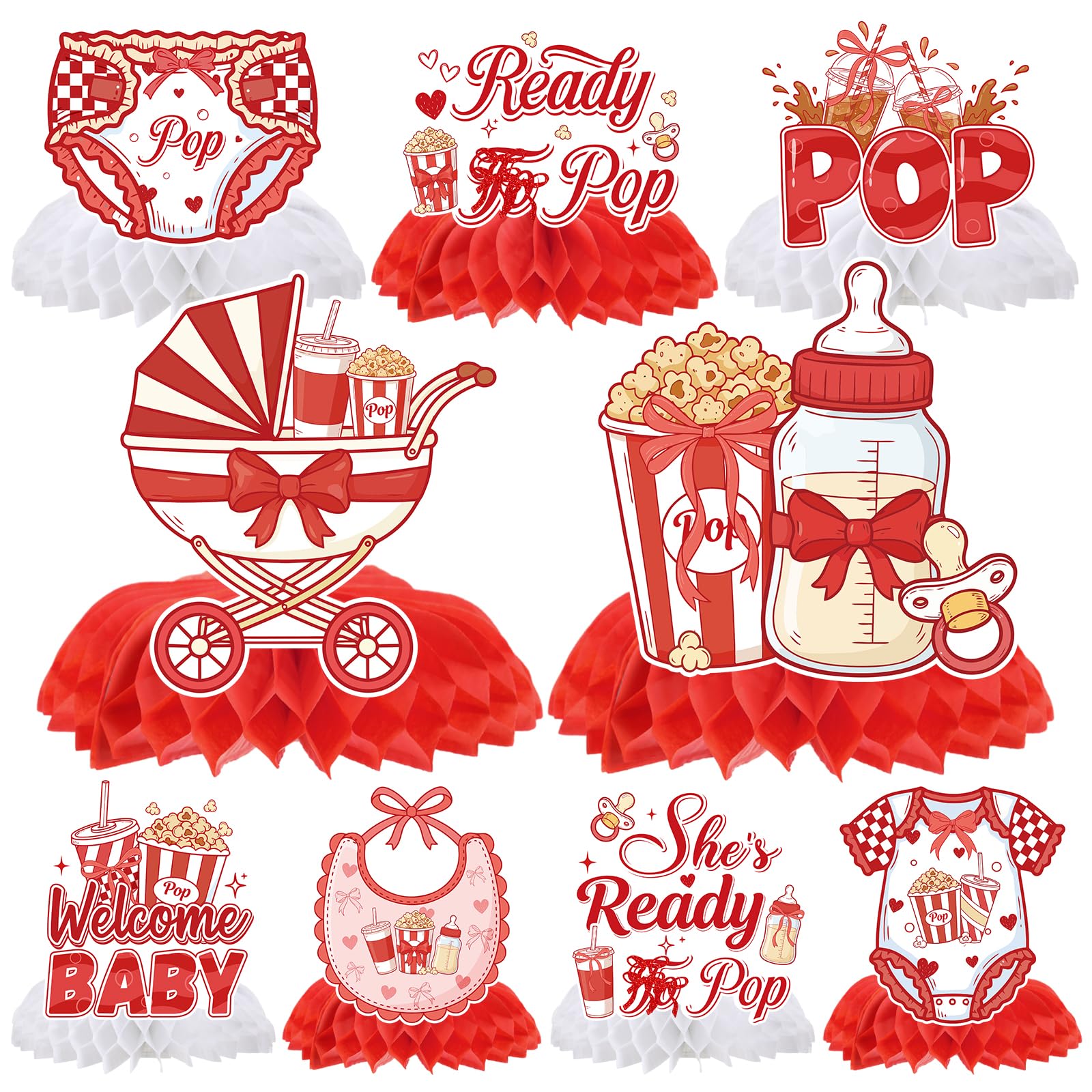 Ready to Soda Pop Decorations - 9 Pcs She's Ready to Soda Pop Baby Shower Honeycomb Centerpieces Decorations, Red and White Decor Supplies for Gender Reveal Baby Shower