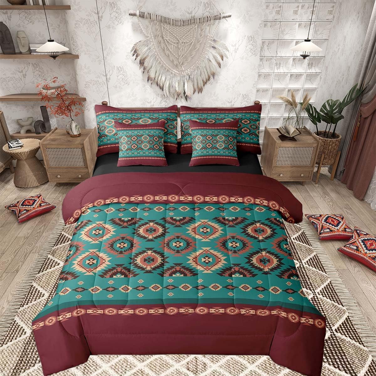 Feelyou Southwestern Aztec Comforter Set Queen Size 7 Pieces Native American Tribal Bedding Set Kids Adult Western Decor Bed in a Bag with Comforter, Sheets, Pillowcases, Cushion Covers Bedroom Decor