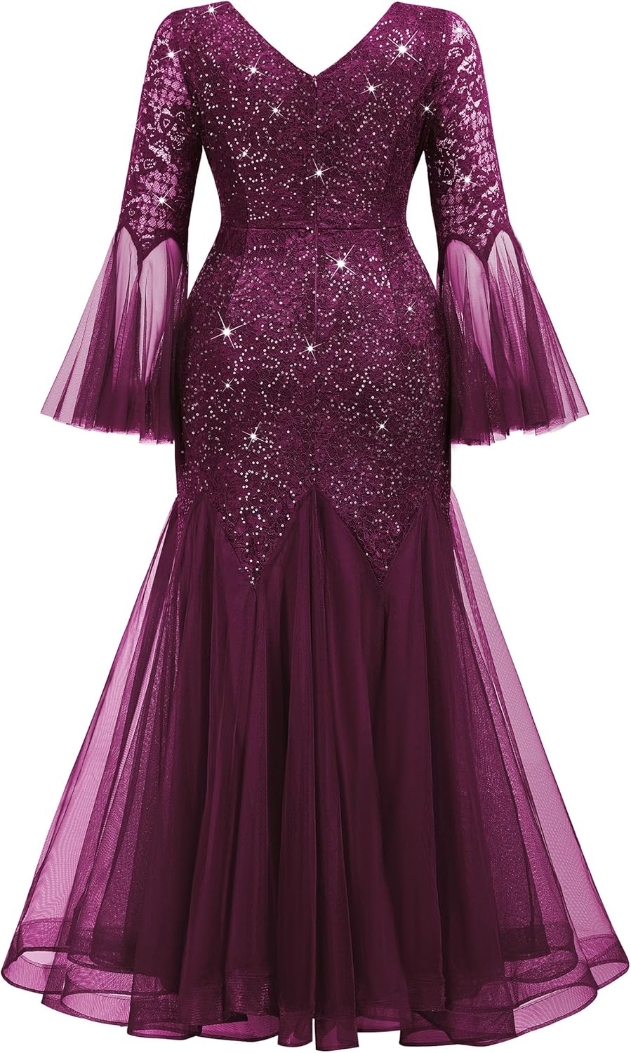 MISSMAY Women's Plus Size Sequins Lace V Neck Sheer Long Sleeves Tulle Mermaid Hem Evening Dresses - Image 6