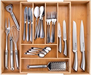 alpina Organizador Cajones - Cubertos para Cajon Cocina Extensible 46x34-56,5x6 cm - Caja Organizadora para Utensilios hasta 8 Compartimentos - Para Utensilios de Cocina, Gafas de Sol y Más - Bambú