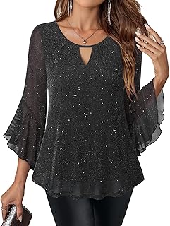Womens Sparkly Tops Dressy Ruffle 3/4 Sleeve Blouses Glitter Cocktail Pa...