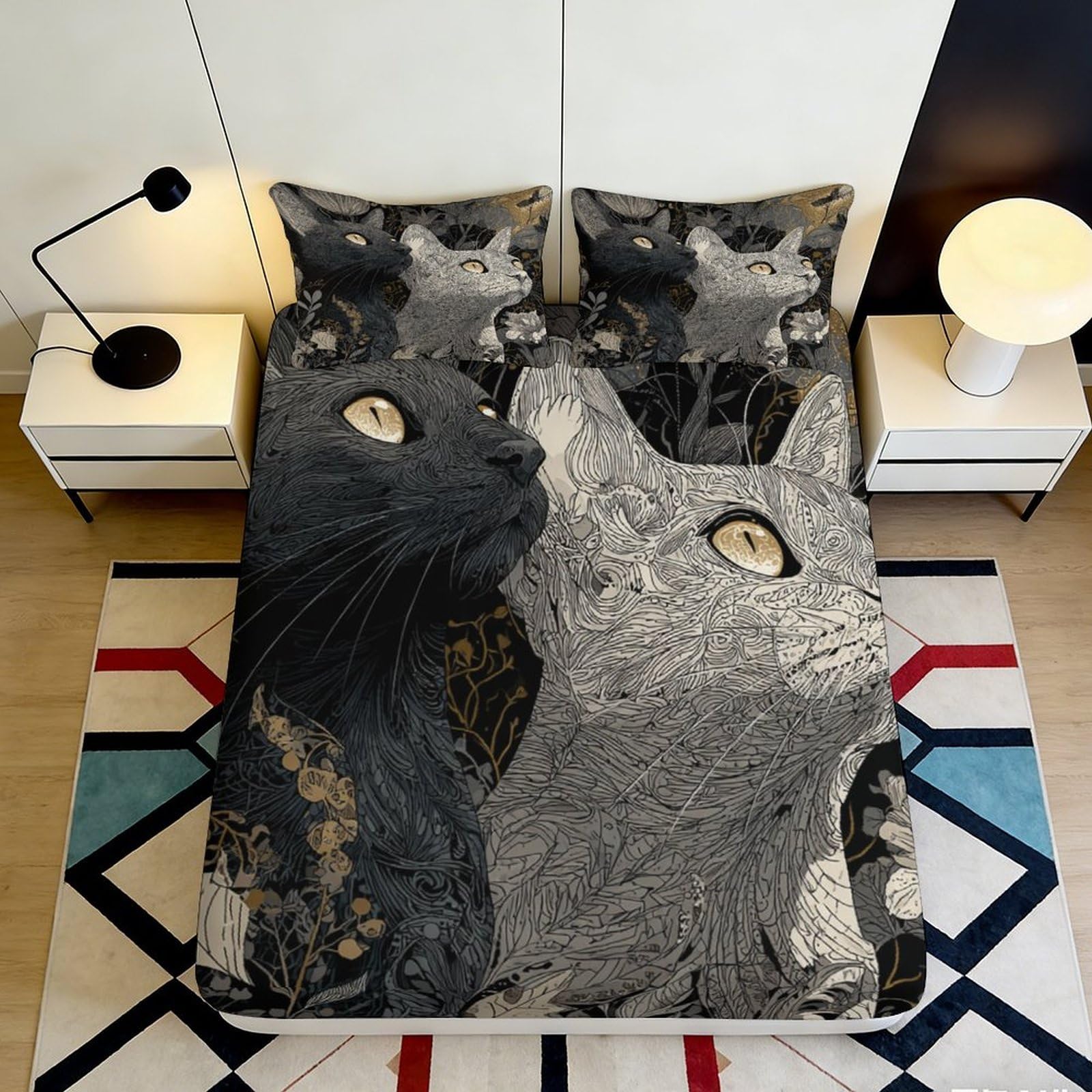 3D Printed Black Cat Fitted Sheet Microfiber Artistic Line Drawing Mattress Cover for Bedroom Dorm Protection Decor 200x200x25cm
