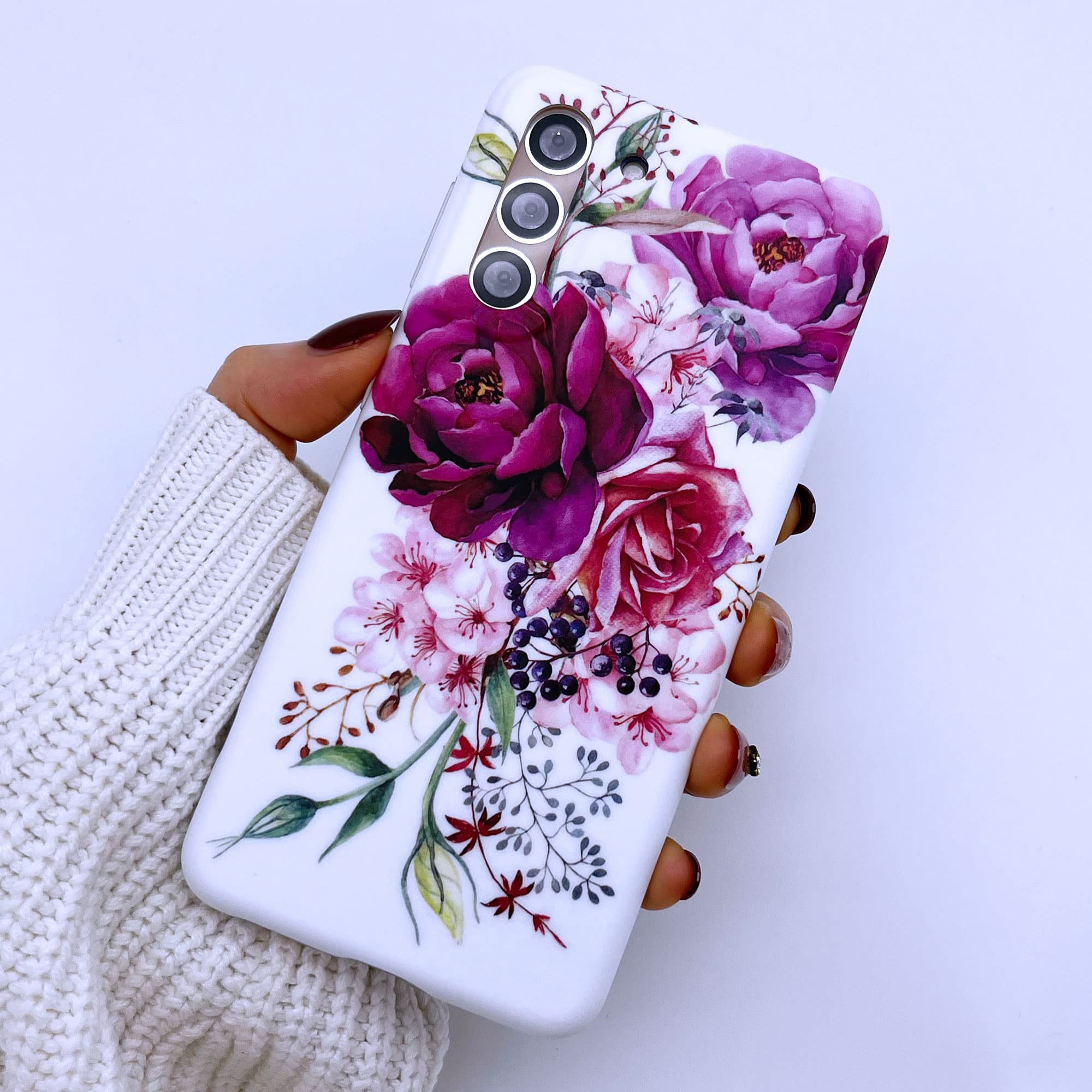 WEIYU Compatible with Samsung Galaxy S21+ Soft Floral Case, 3D Blue Leaves Pattern White Shell Design, Rugged Slim fit Shock-Absorbing Soft Rubber TPU Skin Cover Case (Purple)