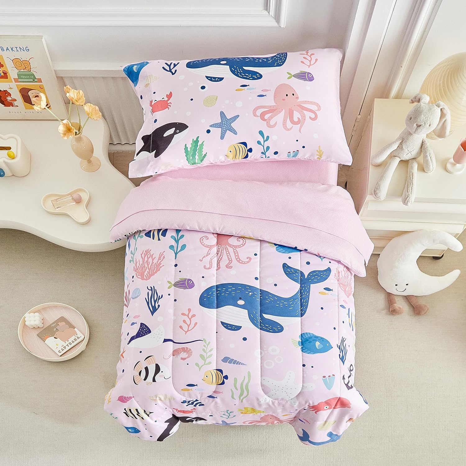 Joyreap 4 Piece Toddler Bedding Set for Girls- Ocean Theme Pink Design, Microfiber Toddler Bedding Comforter Set for All Seasons