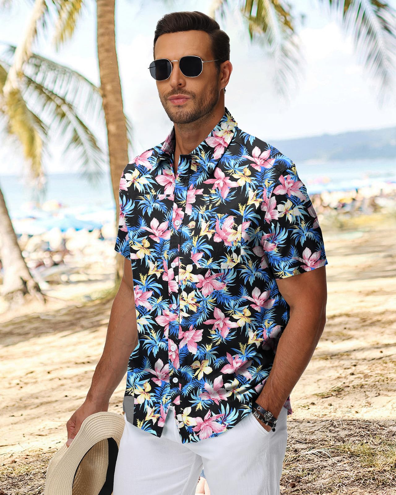 HMIYA Herren Hawaii Hemd Männer 100% Baumwolle Unisex Kurzarm Vordertasche Button Down Sommer Freizeit Urlaub Strand