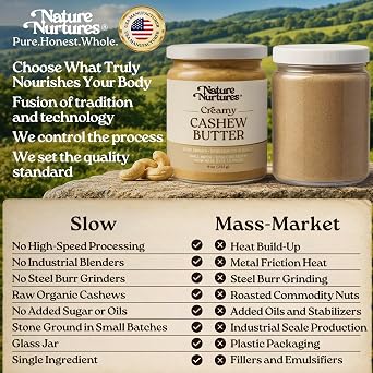 Creamy Cashew Butter Single Ingredient Raw Stone Ground Slowly Made Over 12 Hours Small Batch Handcrafted in Seattle USA For Toast, Baking, Smoothies & Rustic Spreads High Protein No Added Sugar No Palm Oil Unrefined 100% Pure & Natural Packed in Glass Jar 9 oz (255 g)