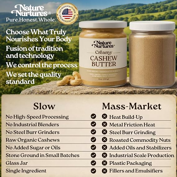 Creamy Cashew Butter Single Ingredient Raw Stone Ground Slowly Made Over 12 Hours Small Batch Handcrafted in Seattle USA For Toast, Baking, Smoothies & Rustic Spreads High Protein No Added Sugar No Palm Oil Unrefined 100% Pure & Natural Packed in Glass Jar 9 oz (255 g)